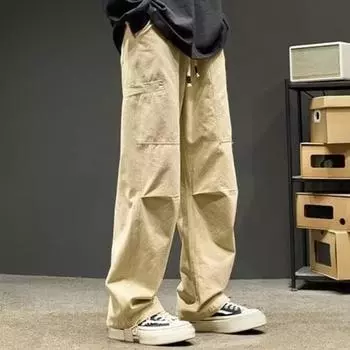 Осенне-весенние брюки-карго, широкие свободные прямые однотонные уличные брюки в стиле хип-хоп с несколькими карманами на шнурке L хаки