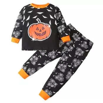 Осенне-весенние детские толстовки для мальчиков, комплект брюк, черные повседневные брюки с длинными рукавами с принтом тыквы и летучей мыши, костюм из 2 предметов S чёрный