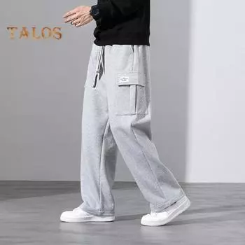 Осенне-весенние мужские брюки с эластичной талией на шнурке, однотонные, с несколькими карманами, свободные, большого размера, прямые, широкие спортивные брюки, повседневная одежда, повседневные спортивные брюки XXL чёрный