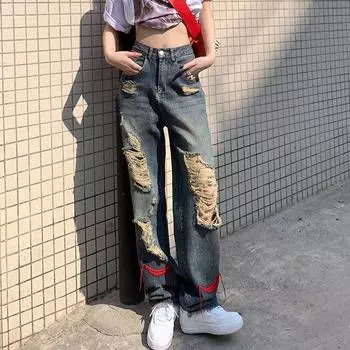 Осенне-весенние рваные джинсы, женские джинсовые брюки, винтажные прямые брюки, модные женские однотонные свободные повседневные широкие брюки унисекс S синий