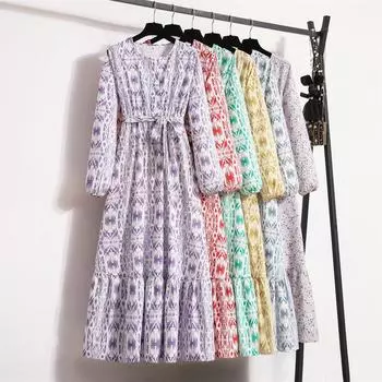 Осенне-весенние женские шифоновые платья с поясом и круглым вырезом Mujer Vestidos, женские винтажные длинные макси-платья трапециевидной формы с длинными рукавами и цветочным принтом S белый