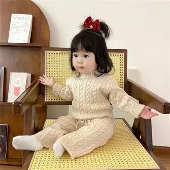Осенне-весенний детский трикотажный комплект одежды в корейском стиле с длинными рукавами, однотонный трикотажный свитер + брюки, одежда для девочек, костюм 60