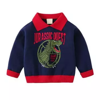 Осенне-весенний детский вязаный свитер для мальчиков, толстовки с изображением динозавра, пуловер с отложным воротником, детская одежда, От 1 до 7 лет 130