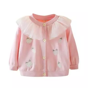 Осенне-весенний кардиган в рубчик для маленьких девочек, милое милое пальто с клубничным узором, куртка с круглым вырезом и длинными рукавами на пуговицах, кружевная куртка с рюшами на воротнике, От 0 до 3 лет 100