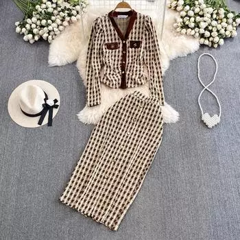 Осенне-весенний клетчатый твидовый костюм с небольшим ароматом, женский короткий пиджак с v-образным вырезом, пальто + длинная юбка-карандаш на пуговицах, комплект из двух предметов S чёрный