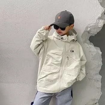 Осенне-весенний контрастный цветной кардиган на молнии большого размера для подростков, пальто для мальчиков, повседневная уличная толстовка с капюшоном, детская ветровка, куртка 170cm белый