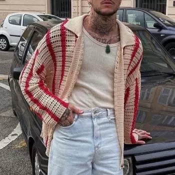 Осенне-весенний мужской кардиган, рубашка, трикотажная, с отложным воротником, однобортная, свободная, с длинными рукавами, подходящая по цвету, нарезка, лоскутное пальто M красный