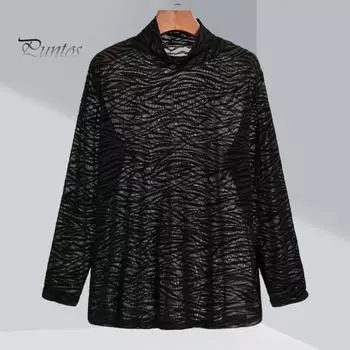 Осенне-весенний мужской топ из прозрачной сетки с принтом зебровой текстуры, тонкая эластичная рубашка с высоким воротником и длинными рукавами для клубной вечеринки S чёрный