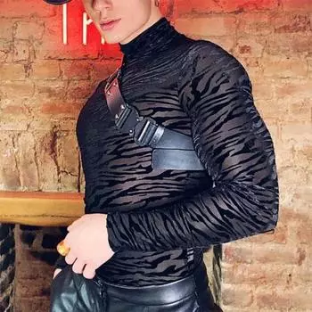 Осенне-весенний мужской топ из прозрачной сетки с принтом зебровой текстуры, тонкая эластичная рубашка с высоким воротником и длинными рукавами для клубной вечеринки S чёрный
