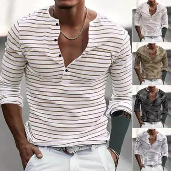 Осенне-весенний мужской топ с V-образным вырезом, полосатым принтом, цветной свитер с длинными рукавами, повседневная рабочая рубашка средней длины M абрикосовый