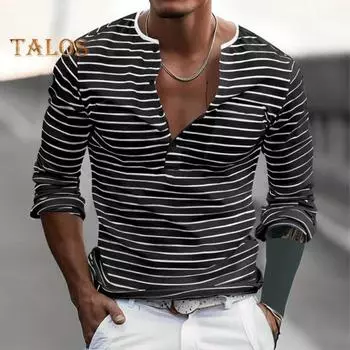 Осенне-весенний мужской топ с V-образным вырезом, полосатым принтом, цветной свитер с длинными рукавами, повседневная рабочая рубашка средней длины M абрикосовый
