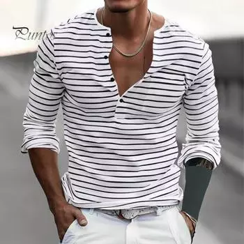 Осенне-весенний мужской топ с V-образным вырезом, полосатым принтом, цветной свитер с длинными рукавами, повседневная рабочая рубашка средней длины M темные хаки