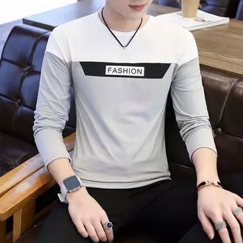 Осенне-весенний мужской топ в стиле пэчворк с цветовым сочетанием, буквенным узором, круглым вырезом, длинными рукавами, пуловер, повседневная одежда, повседневная футболка M темно-серого