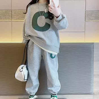 Осенне-весенний спортивный комплект для девочек, комплект свитеров для девочек, одежда для отдыха для детей среднего и большого размера 140cm серый