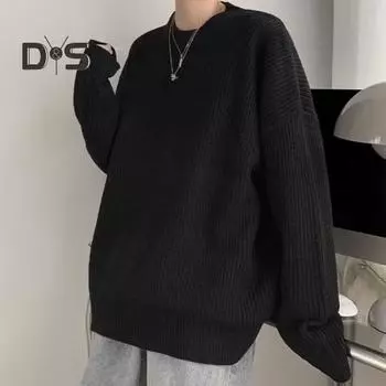 Осенне-весенний свитер с круглым вырезом, свободный, однотонный, с длинными рукавами, трикотажный пуловер, эластичный, повседневный, средней длины, теплый свитер M темно-серого