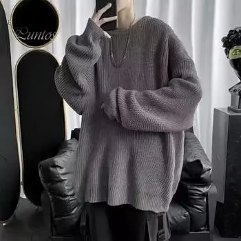 Осенне-весенний свитер с круглым вырезом, свободный, однотонный, с длинными рукавами, трикотажный пуловер, эластичный, повседневный, средней длины, теплый свитер M чёрный