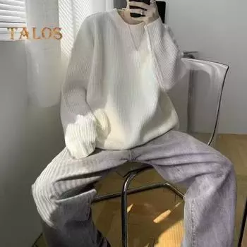 Осенне-весенний свитер с круглым вырезом, свободный, однотонный, с длинными рукавами, трикотажный пуловер, эластичный, повседневный, средней длины, теплый свитер M белый