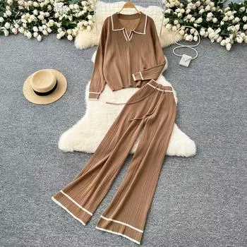 Осенне-весенний трикотажный комплект из 2 предметов, женский отложной свитер и широкие брюки, женский свитер, спортивный костюм One Size темно-коричневого