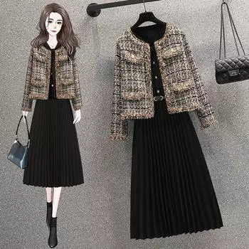 Осенне-весенний женский клетчатый трикотажный жакет пальто с длинным рукавом плиссированное платье из двух частей элегантный женский комплект из юбки XXXXL чёрный