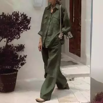 Осенне-весенний женский однотонный хлопковый льняной комплект из 2 предметов, блузка с длинным рукавом, топ, карманы, брюки, женский повседневный наряд XXXXXL белый