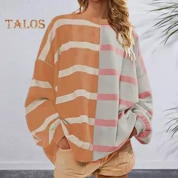 Осенне-весенний женский свитшот с цветным полосатым принтом и круглым вырезом, свободный трикотажный свитер средней длины, повседневная одежда, топ S кофейный