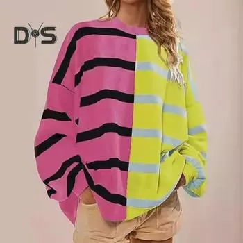 Осенне-весенний женский свитшот с цветным полосатым принтом и круглым вырезом, свободный трикотажный свитер средней длины, повседневная одежда, топ 2XL зелёный