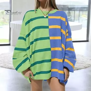 Осенне-весенний женский свитшот с цветным полосатым принтом и круглым вырезом, свободный трикотажный свитер средней длины, повседневная одежда, топ L хаки