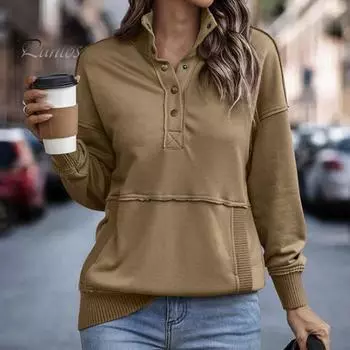 Осенне-весенний женский свитшот с полуоткрытым воротником-стойкой, однотонный свободный пуловер с большим карманом, эластичными манжетами, топ для ежедневных поездок на работу S