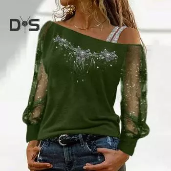 Осенне-весенний женский топ из прозрачной сетки в стиле пэчворк с блестящими пайетками и стразами, диагональным воротником, свободным длинным рукавом, цветочным узором, на одно плечо, большие размеры, для женщин M чёрный