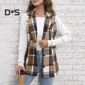 Осенне-весенний женский жилет, пальто в клетку с отложным воротником, без рукавов, на пуговицах, теплый жилет средней длины в стиле ретро, повседневная куртка M коричневый