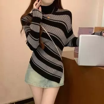 Осенне-весенний женский зимний полуводолазный топ с длинными рукавами, трикотажный базовый топ с полосками и нерегулярным узором, свитер для нижнего белья S