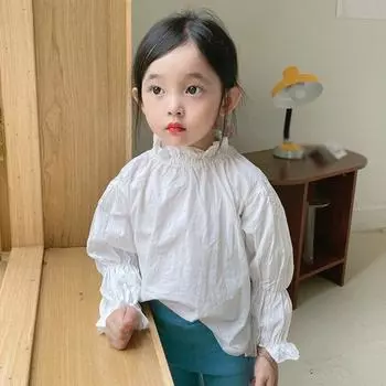 Осенне-весенняя блузка для маленьких девочек, пышный топ с длинными рукавами, футболка, милая детская рубашка, детская верхняя одежда с рюшами на воротнике, От 3 до 8 лет 9 белый