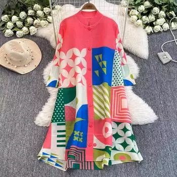 Осенне-весенняя мода принт цветные блоки свободные платья-рубашки женские однобортные драпированные плиссированные вечерние платья Miyake One Size зелёный