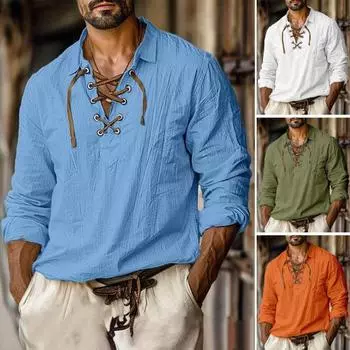 Осенне-весенняя мужская рубашка на шнуровке с V-образным вырезом и длинными рукавами, однотонный пуловер, свободный, винтажный, повседневный L синий