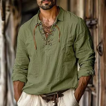 Осенне-весенняя мужская рубашка на шнуровке с V-образным вырезом и длинными рукавами, однотонный пуловер, свободный, винтажный, повседневный L белый