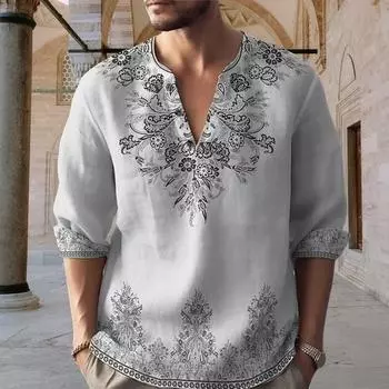 Осенне-весенняя мужская рубашка с 3D-цветочным принтом, свободный крой, длинный V-образный вырез, напечатанные рукава, стиль ретро, цветной пуловер, повседневный M синий