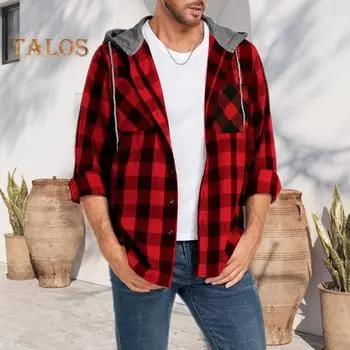 Осенне-весенняя мужская рубашка с капюшоном, завязками на шнурке, длинными рукавами, однобортная рубашка с клетчатым принтом, повседневная одежда для школы и дома, пальто M фиолетовый