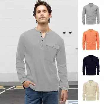 Осенне-весенняя мужская рубашка с круглым вырезом, застегивающимся нагрудным карманом, эластичными манжетами, утолщенной сплошной фактурой S оранжевый