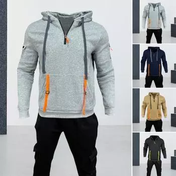 Осенне-весенняя мужская толстовка с карманом и ремешком, декор, сплошной цвет, с капюшоном, на молнии, на шнурке, с длинными рукавами, свободный пуловер XL чёрный