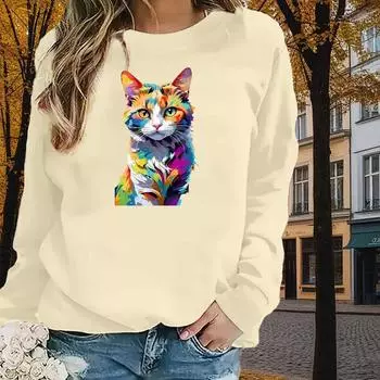Осенне-весенняя одежда, цветной кошачий принт, свитер, топы для женщин, круглый вырез, длинный рукав XS чёрный