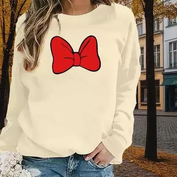 Осенне-весенняя одежда Красный принт бабочки Фестиваль свитер Топы для женщин Круглый вырез Длинный рукав XS чёрный