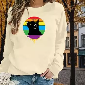 Осенне-весенняя одежда Look Up Cat Print Свитер Топы для женщин Круглый вырез Длинный рукав XS чёрный