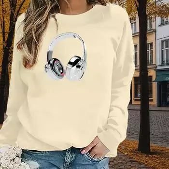 Осенне-весенняя одежда Музыкальная гарнитура Принт свитер Топы для женщин Круглый вырез Длинный рукав XS чёрный