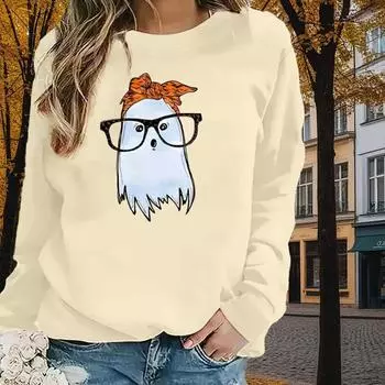 Осенне-весенняя одежда Очки Призрачный принт Свитер Топы для женщин Круглый вырез Длинный рукав XS чёрный