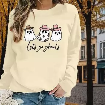 Осенне-весенняя одежда Призраки и шляпы Принт Свитер Топы для женщин Круглый вырез Длинный рукав XS чёрный