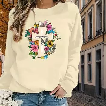 Осенне-весенняя одежда Resurrection Festival Цветочный принт свитер Топы для женщин Круглый вырез Длинный рукав XS чёрный