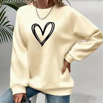 Осенне-весенняя одежда, рисунок линии с принтом в виде сердца, свитер, топы для женщин, круглый вырез, длинный рукав XS чёрный