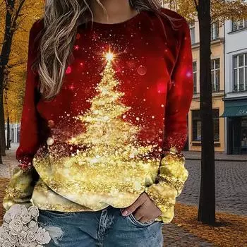 Осенне-весенняя одежда Рождественская елка под уличными фонарями Принт свитер Топы для женщин Круглый вырез Длинный рукав XS красный