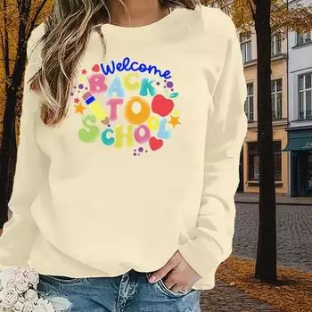 Осенне-весенняя одежда с цветным принтом букв, топы-свитера для женщин с круглым вырезом и длинным рукавом XS чёрный