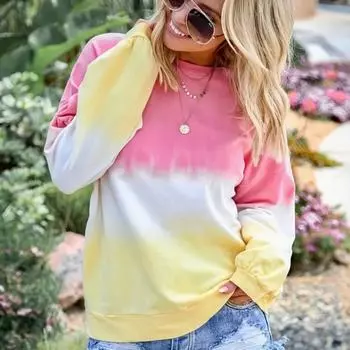 Осенне-весенняя одежда с градиентным трехцветным принтом, свитер, топы для женщин, круглый вырез, длинный рукав XS чёрный